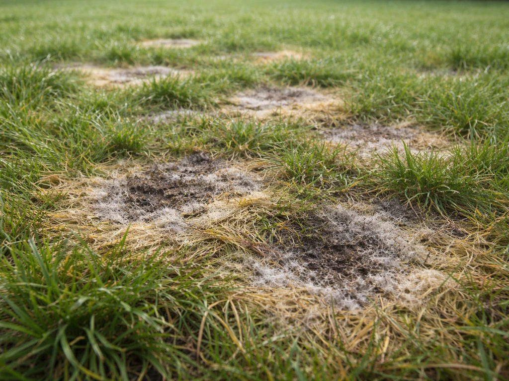 Gazon humide avec plaques irrégulières brunâtres dues à la moisissure, herbe jaunie et aplatie.