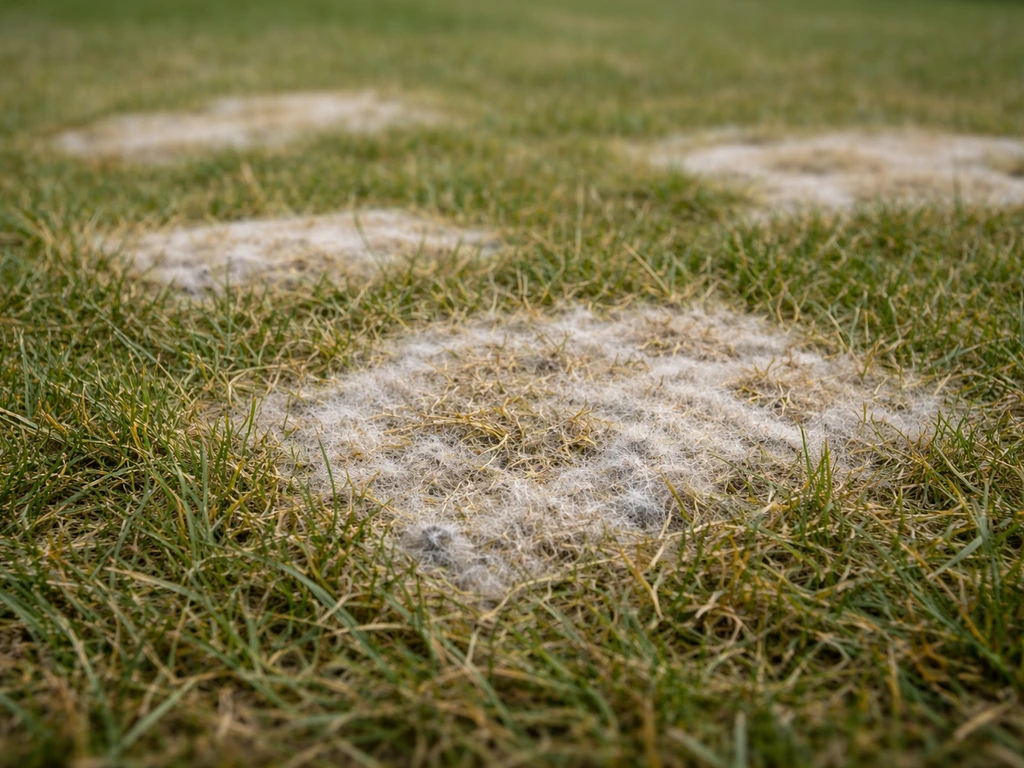 Gros plan sur une pelouse avec plaques irrégulières de moisissure, herbe aplatie et jaunâtre, texture duveteuse visible.