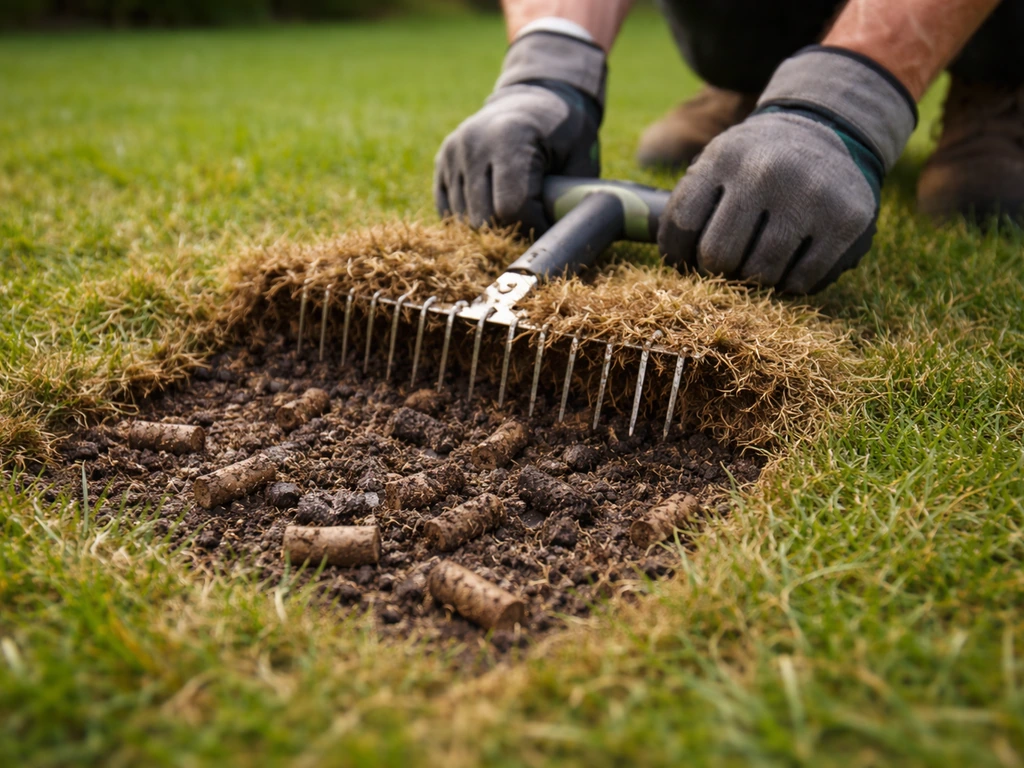Scarification et carottage d’une pelouse compacte, montrant un feutre soulevé et une aération pour éviter l’eau stagnant