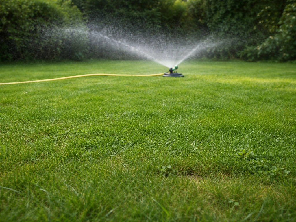Arroseur de pelouse en fonctionnement arrosant un gazon verdissant, illustrant un arrosage plus profond et moins fréquen