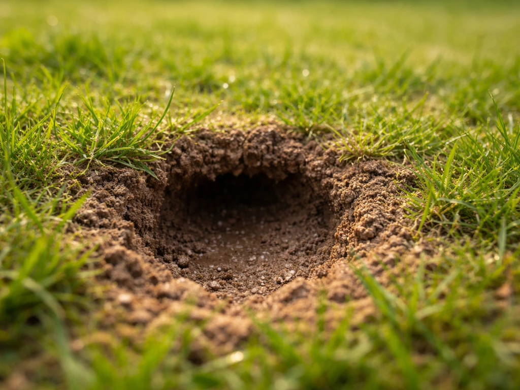 Gros plan d’un trou dans le gazon au printemps, sol clair et bords dégarnis visibles