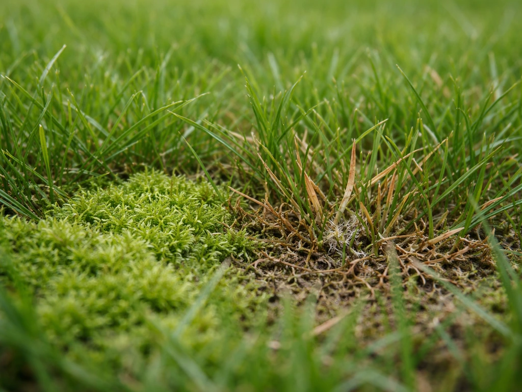 Gazon au sol avec une zone de mousse claire et une zone décolorée évoquant un champignon.