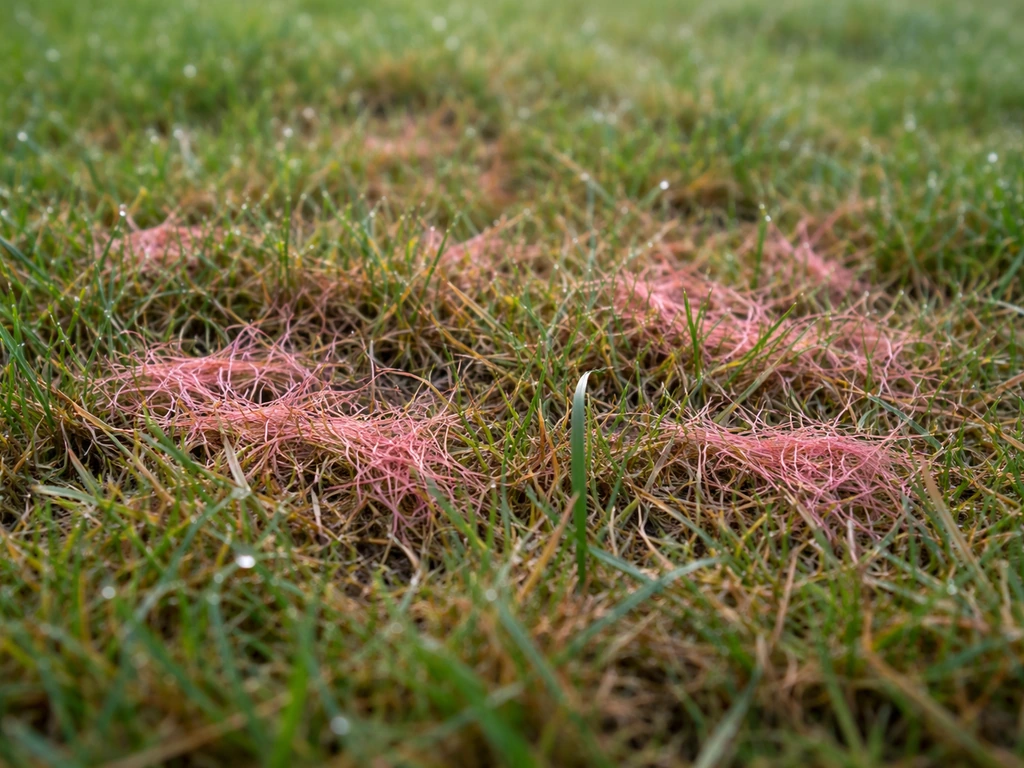 Gros plan de brins de gazon avec des filaments rose-rouge de fil rouge, rosée du matin.