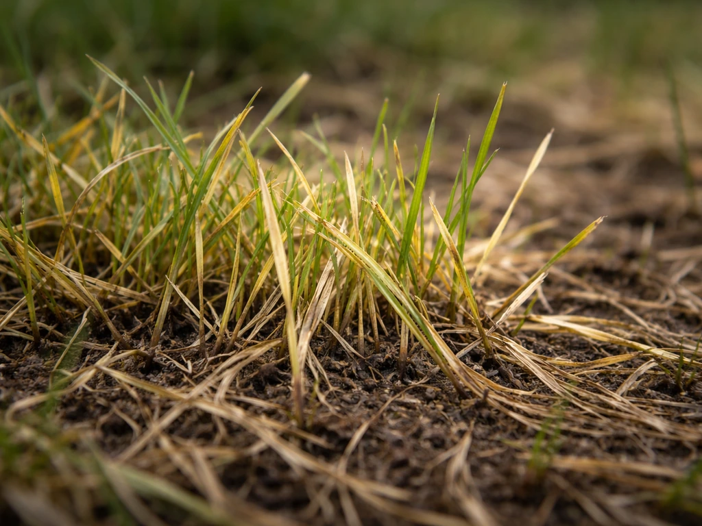Macro de brins d’herbe de pelouse, zones molles et dégradées, texture humide et jaunie typique d’un problème type pythiu