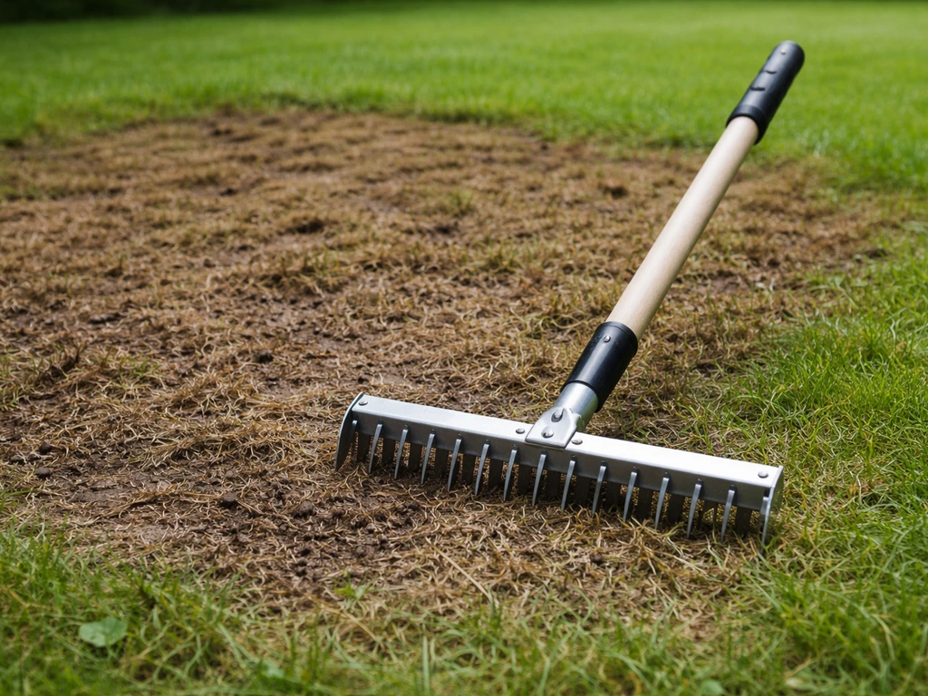 Zone de gazon malade après scarification, sol ouvert, outil de jardin visible, avant de reconstituer la pelouse.