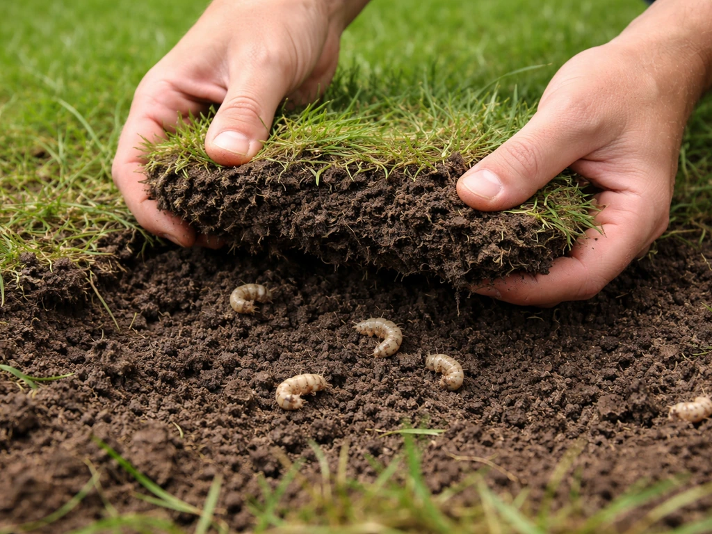 Motte de gazon retournée sur une pelouse, sol humide exposant des larves, test d’infestation sur place.
