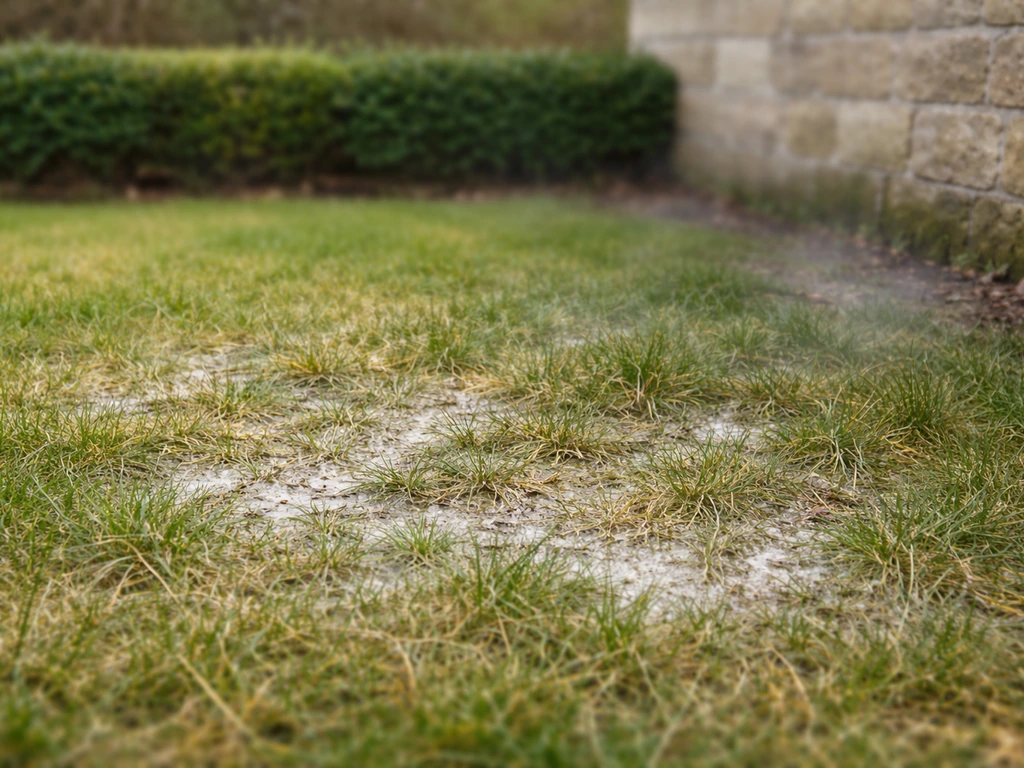 Pelouse humide près d’une haie et d’un mur, avec herbe jaunie et taches blanches.