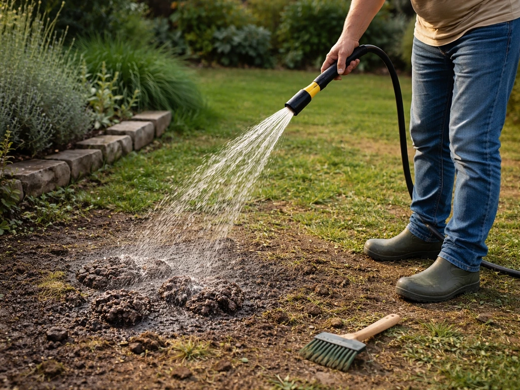 Un arrosage à la lance sur une zone de jardin, jet puissant et outils à proximité, ambiance de traitement en cours.
