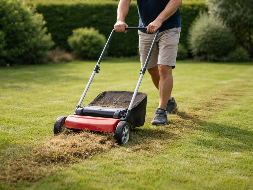 Scarification d’un gazon : un scarificateur soulève le chaume sur une pelouse verte, en jardin.