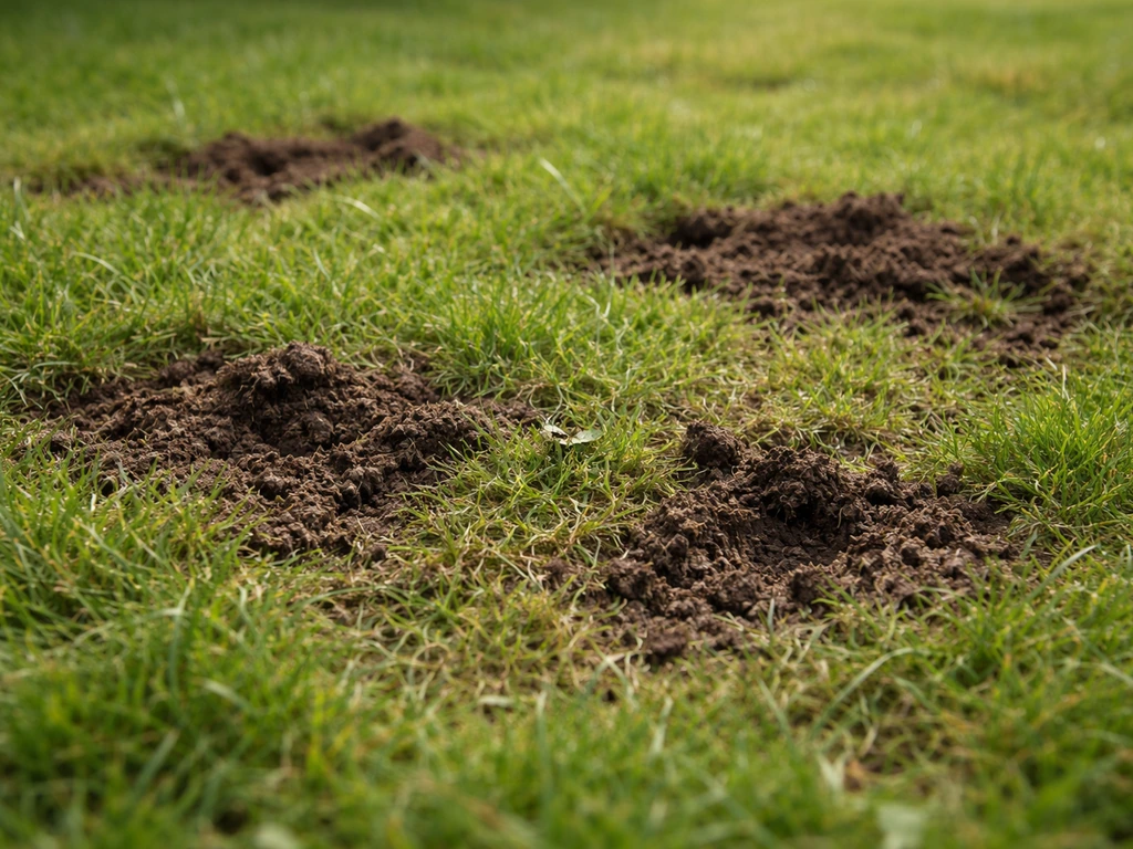 Gros plan de pelouse avec petits trous et zones de gazon remuées, sans animal visible.