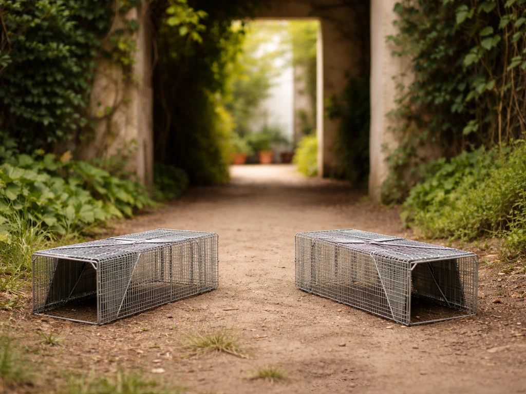 Pièges mécaniques à capture vivante type boîte tunnel posés au sol près de l’entrée d’une galerie, ambiance de jardin.