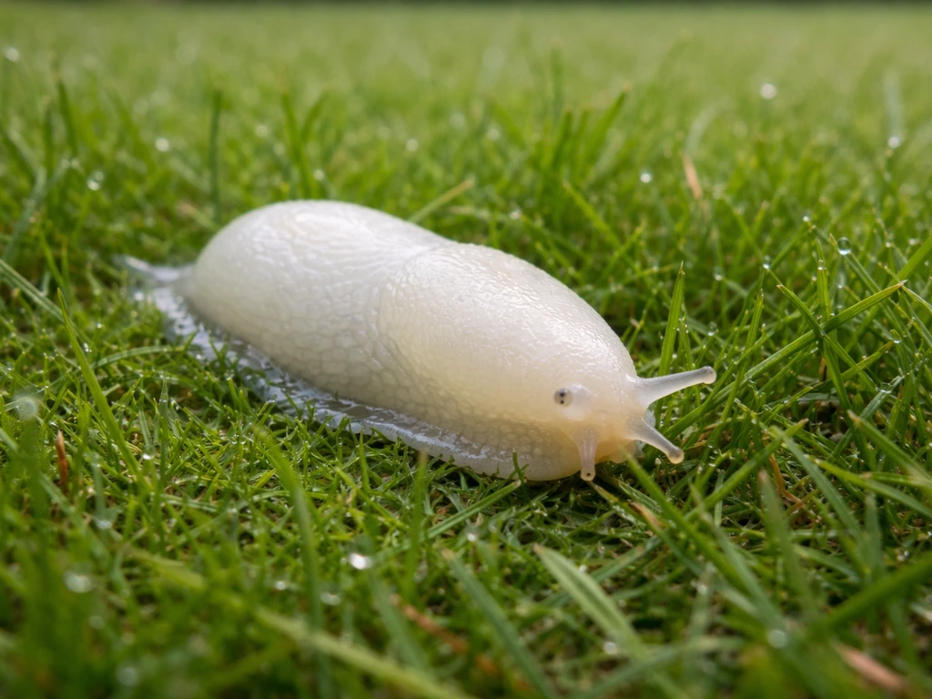 Gros plan d’une limace blanche pâle sur le gazon, avec bave brillante sur l’herbe.