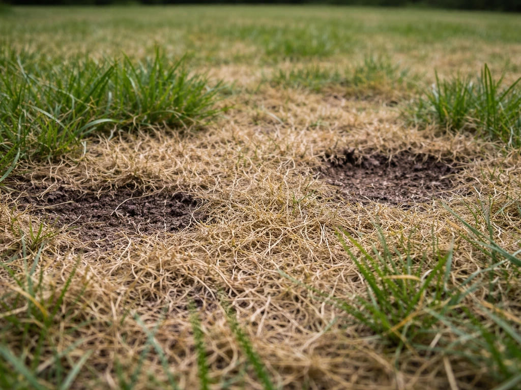 Pelouse en feutrage épais avec zones dégarnies, texture visible, mise au point sur une zone calme du jardin.