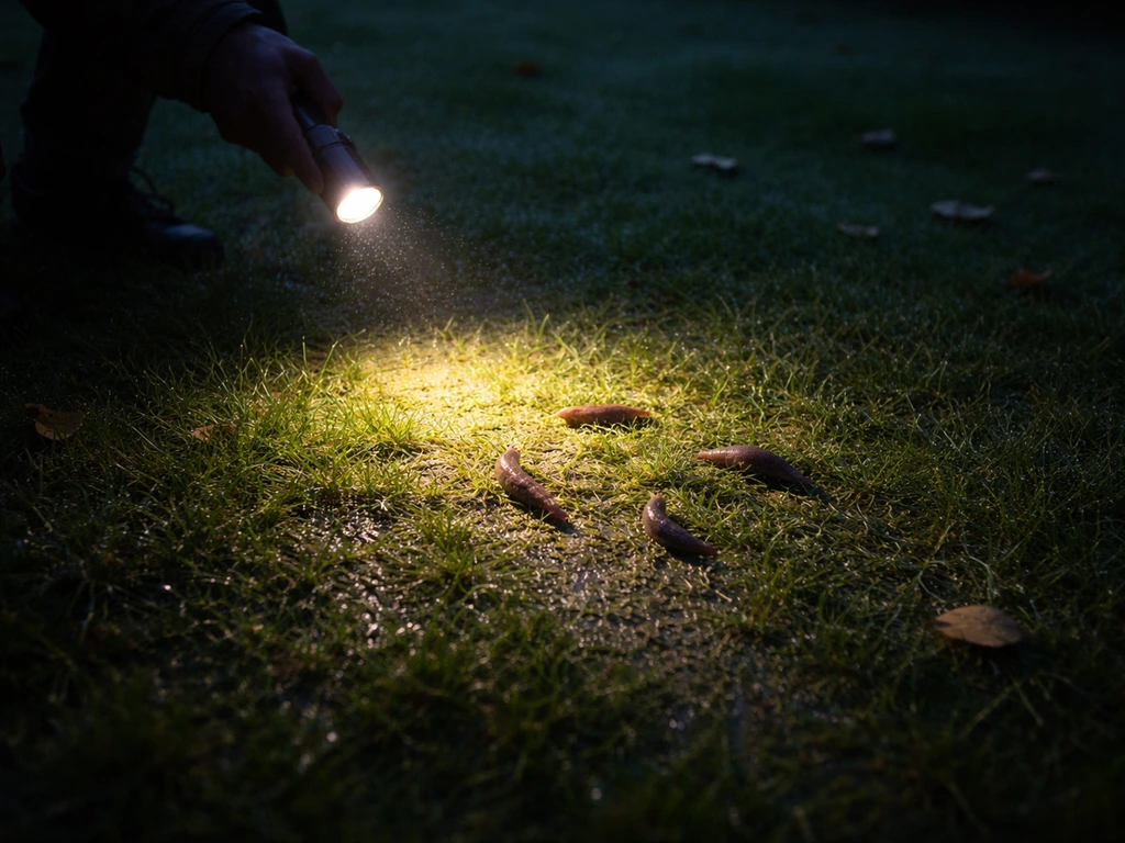 À l’aube, une pelouse humide éclairée par une lampe torche, révélant de possibles traces et limaces actives.