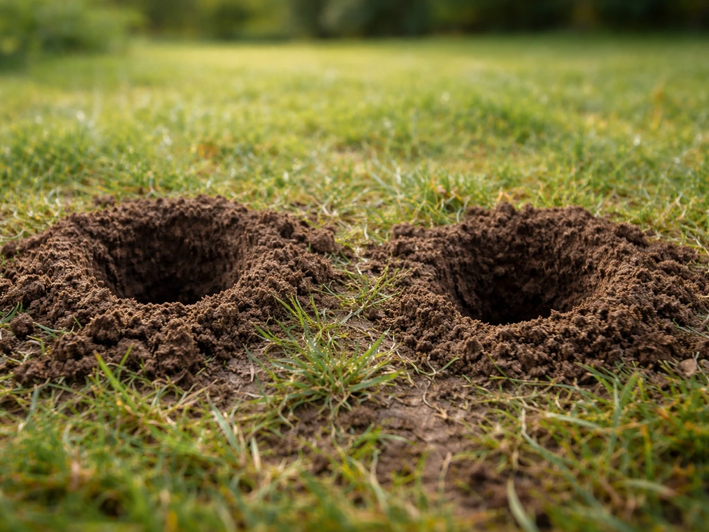 Gros plan de trous coniques dans l’herbe avec la terre rejetée sur le côté, animal non visible.