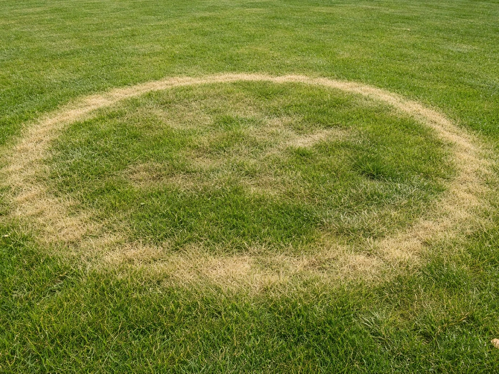 Gros plan d’un anneau circulaire dans une pelouse, gazon jaunissant et zones irrégulières visibles.