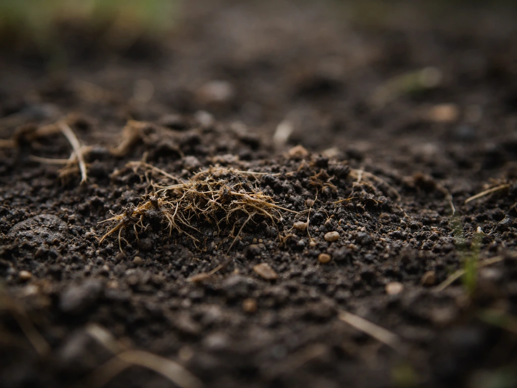 Gros plan de sol de pelouse ancienne avec débris végétaux décomposés et racines enfouies