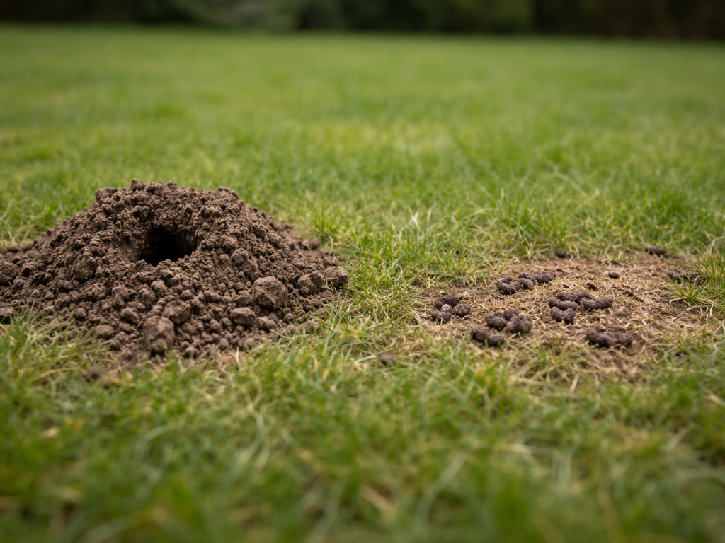 Vue au sol d’un jardin : monticule et galerie de taupe à côté de taches brunes sur le gazon.