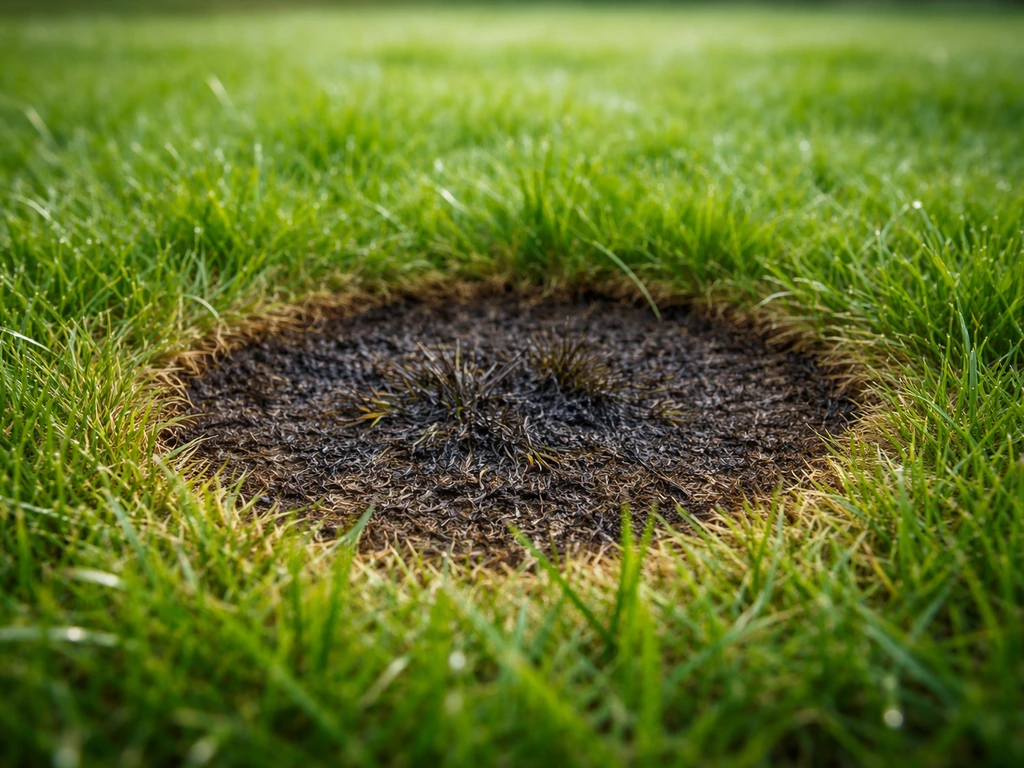 Macro d’une tache noire circulaire dans le gazon, bord sombre et herbe écartée au centre.