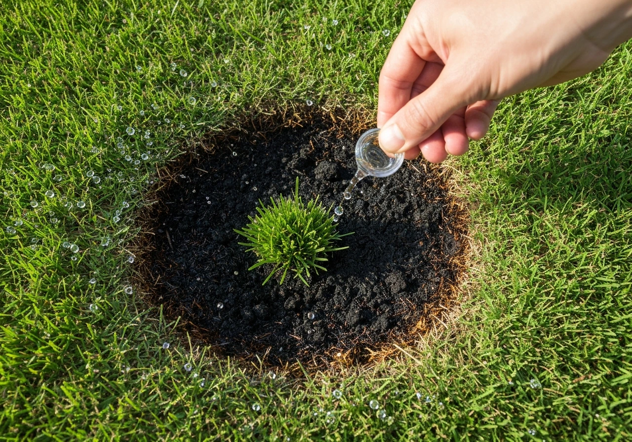 Gros plan d’une petite brûlure ronde dans l’herbe due à l’urine de chien, avec un arrosoir en dilution au-dessus.