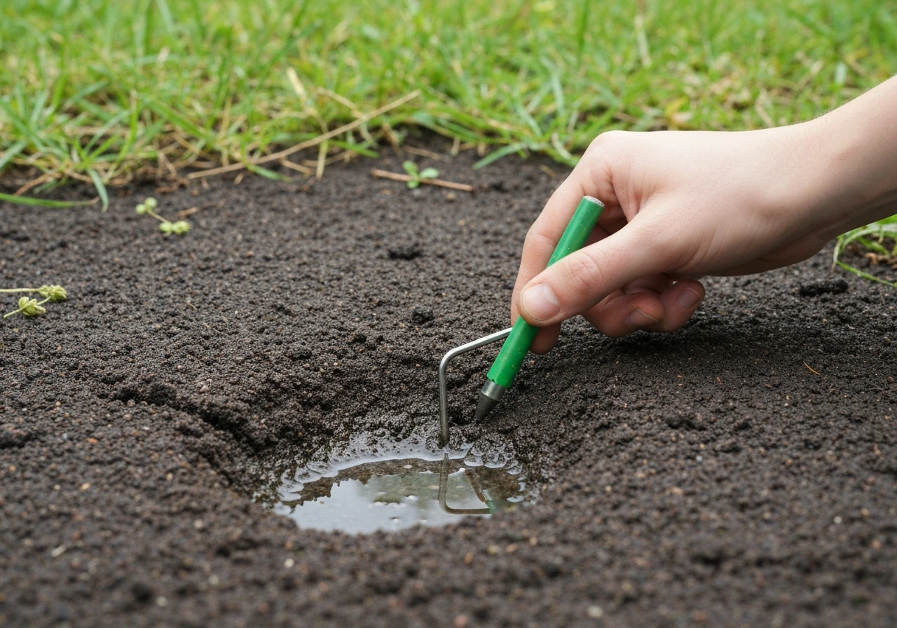 Un crayon et une petite tige enfoncés dans un sol argileux très humide, avec zone sombre et eau stagnante.