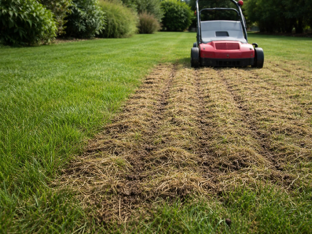 Scarification d’une zone de pelouse avec feutrage visible et sillons prêts pour le sursemis