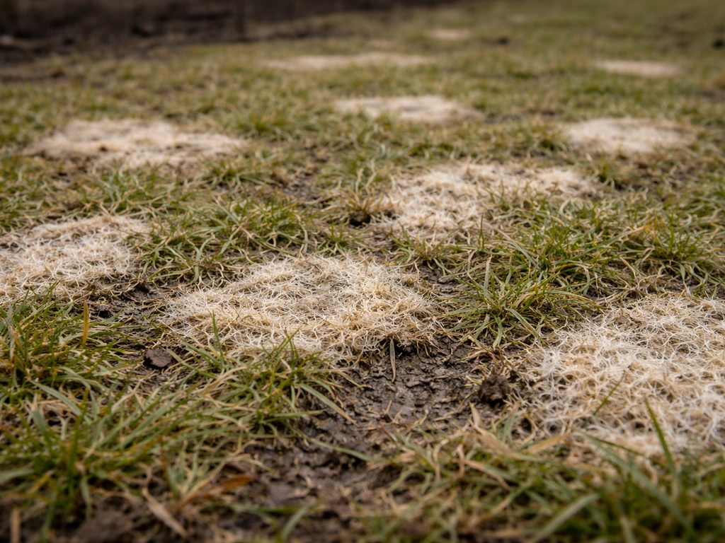 Gros plan de taches rondes beige/brun-paille sur un gazon humide, typiques de la moisissure des neiges.