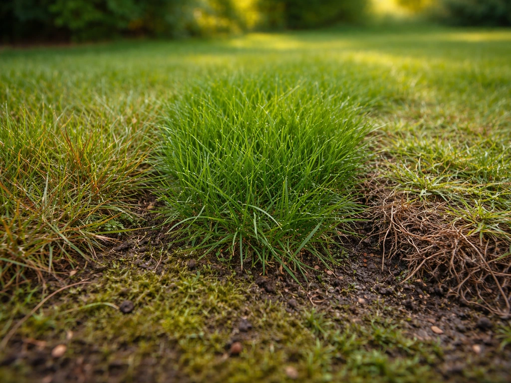 Gros plan de trois zones de pelouse montrant des textures et densités différentes, avec sol légèrement humide.