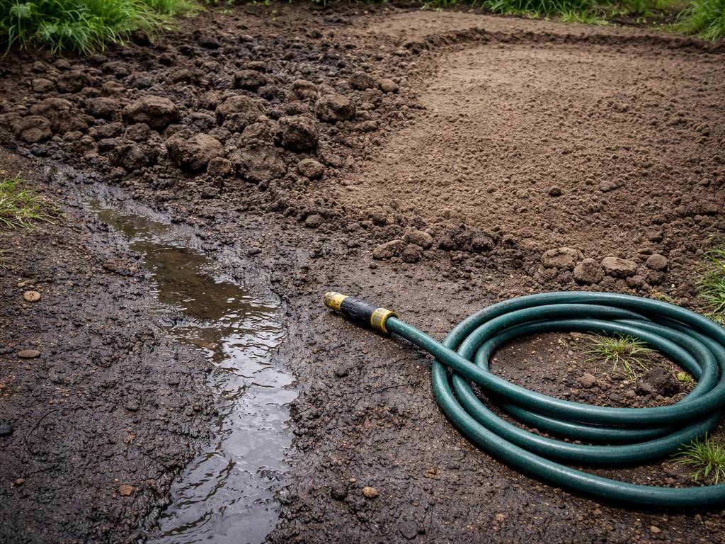 Sol de jardin humide après pluie avec terre en cours de préparation pour améliorer l’écoulement de l’eau.