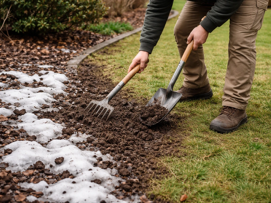 Un jardinier anonyme dégage et redistribue une neige fondante pour éviter l’humidité prolongée sur le gazon.
