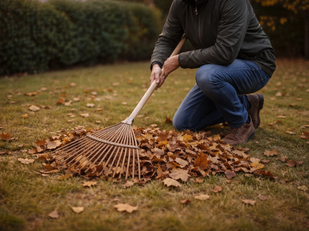Râteau ramassant des feuilles mortes sur un gazon avant l’hiver, pour limiter l’humidité au sol.