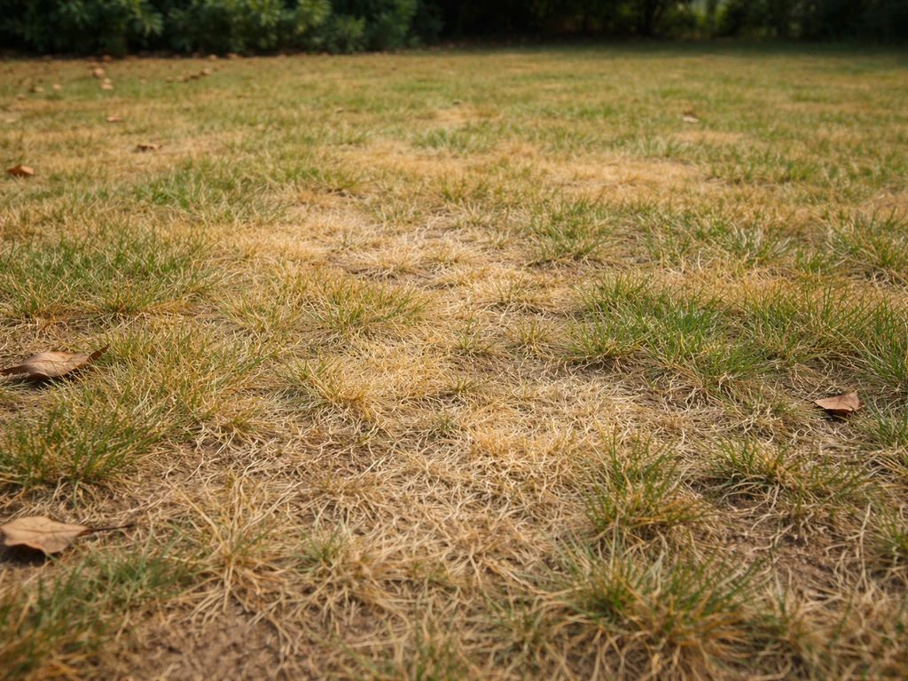 Pelouse de jardin avec zones jaunes dominantes et herbe clairsemée, aspect naturel et réaliste.