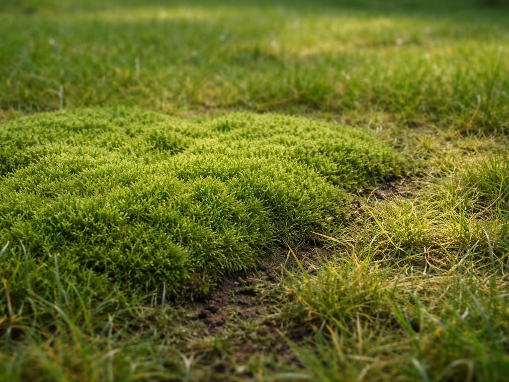 Gros plan d’une pelouse où la mousse feutrée étouffe l’herbe, laissant des zones jaunies et clairsemées.