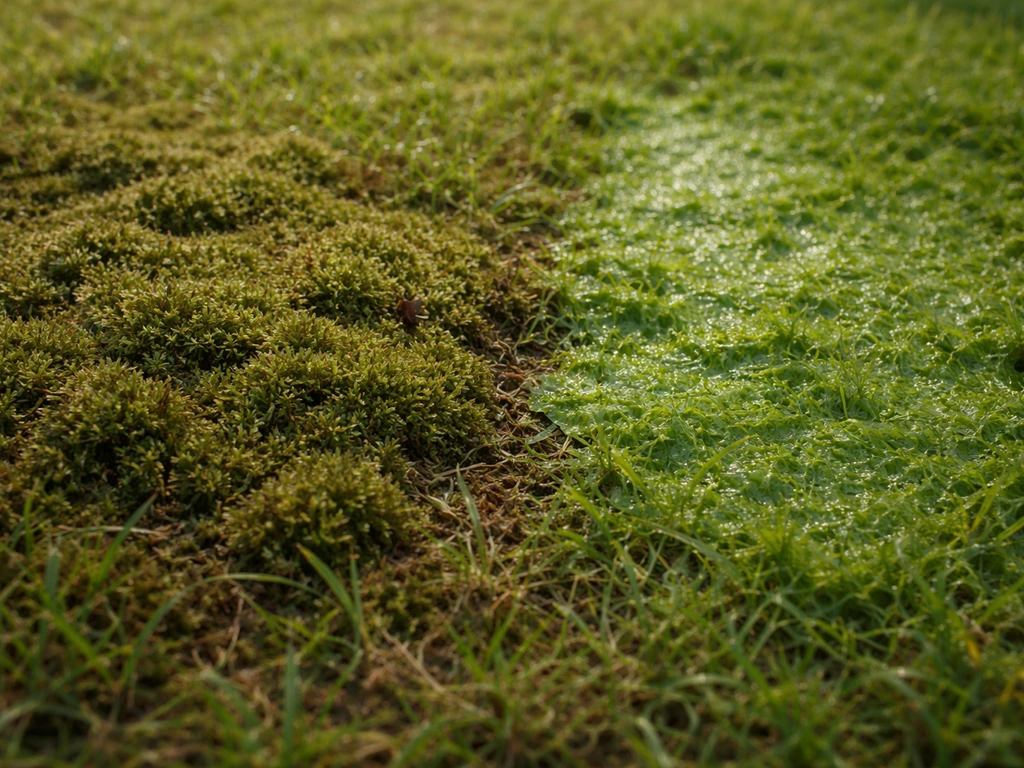 Gazon en gros plan : mousse vert foncé à gauche, algues vert vif à droite, textures distinctes.