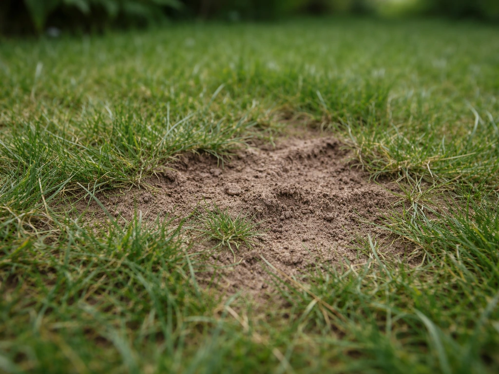 Gazon avec zones dénudées, petits reliefs et micro-chemins terreux indiquant l’activité des fourmis.
