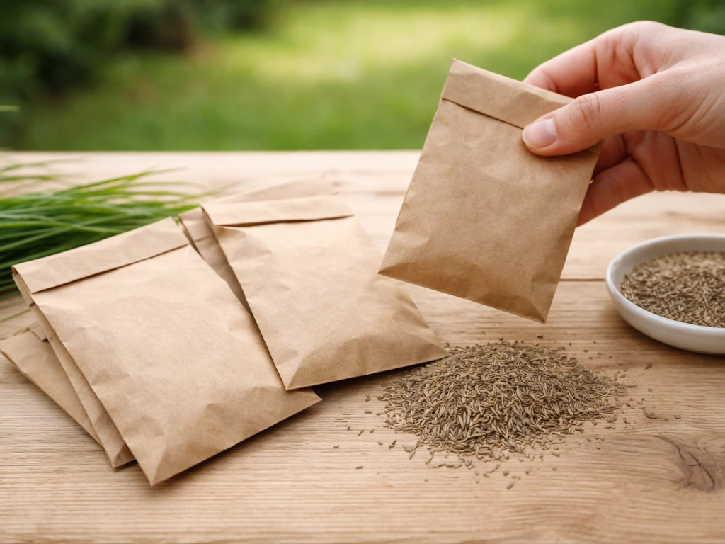 Gros plan de sachets de graines de gazon et étiquettes de composition pour différents types de jardin