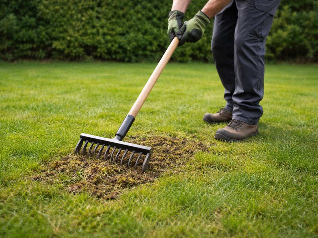 Un jardinier anonyme scarifie une pelouse avec un aérateur à dents pour l’aérer superficiellement.