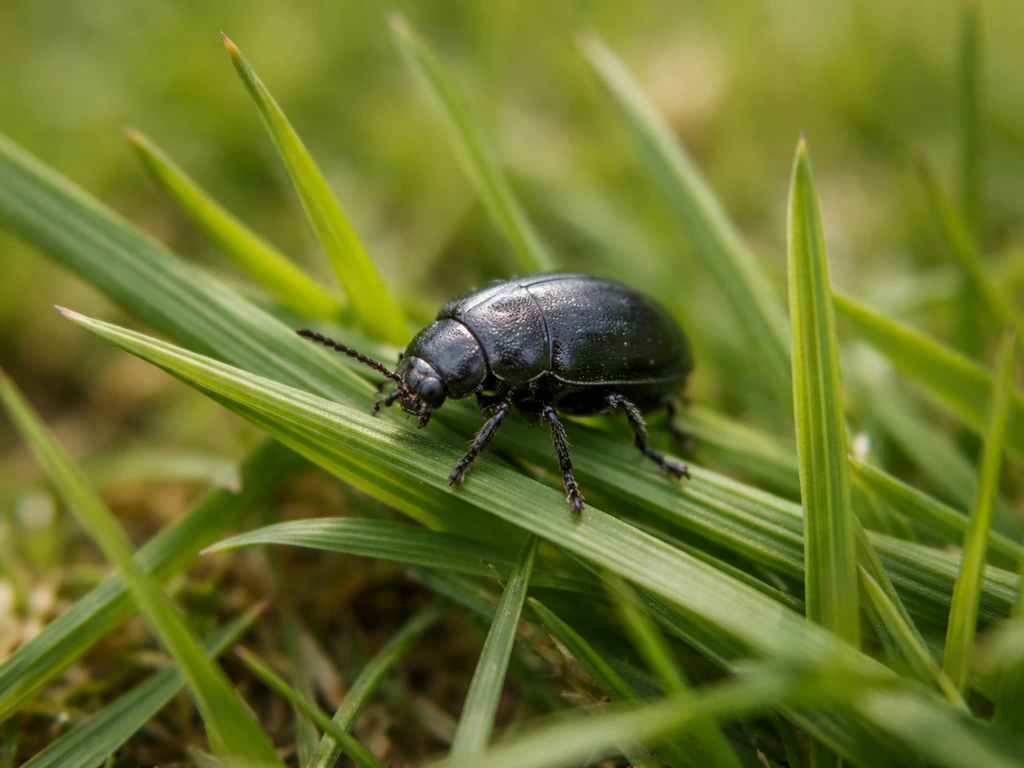 Gros plan d’un insecte noir sur des brins d’herbe verts, lumière naturelle, arrière-plan flou.