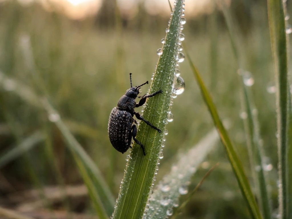 Un petit coléoptère sombre sur un brin d’herbe couvert de rosée au crépuscule.