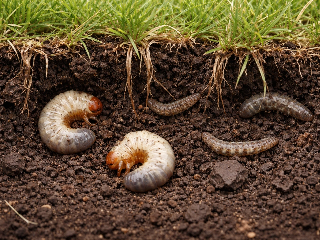 Coupe du sol de gazon : larves sous la surface et racines abîmées expliquant les dégâts du gazon.