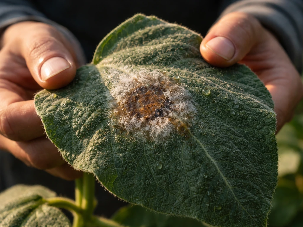 Feuille de plante au petit matin, zone circulaire suspecte et rosée, observation rapprochée des duvet.