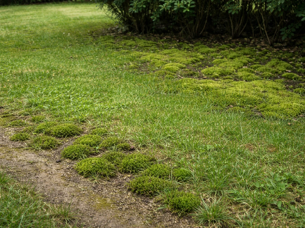 Pelouse avec zones humides et ombragées où la mousse s’est installée, sol compacté visible