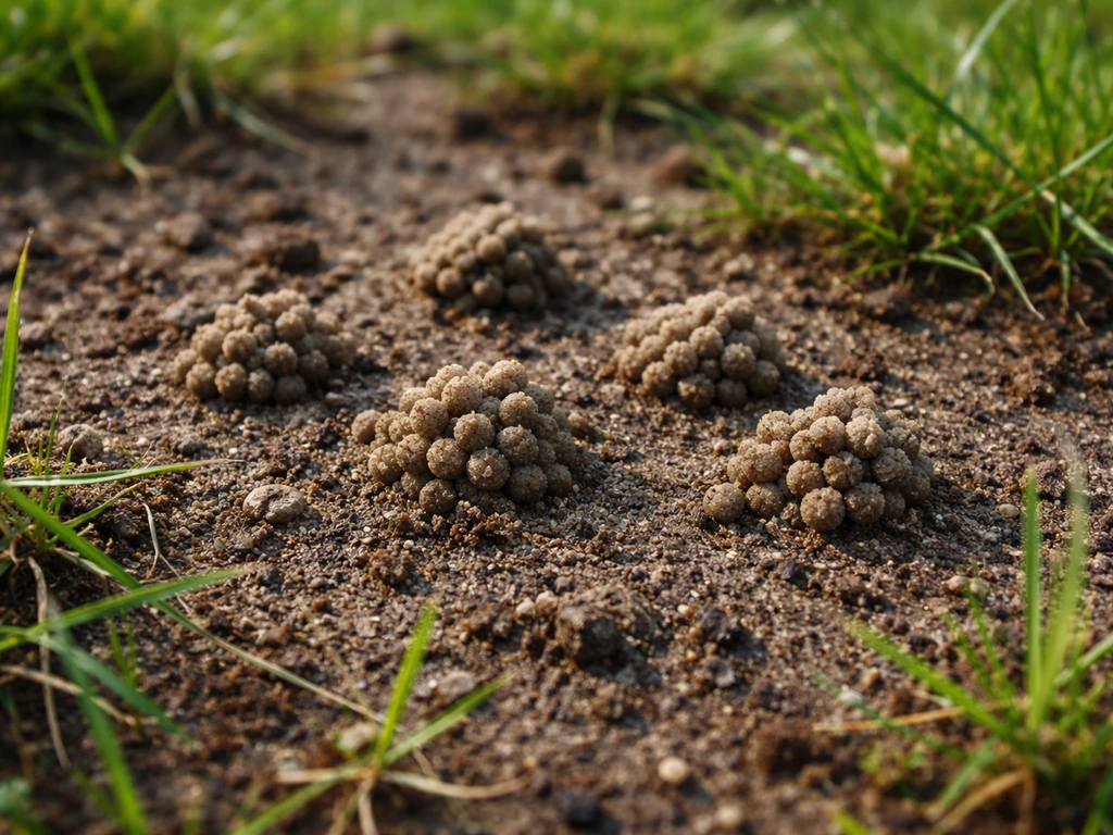 Gros plan de petites bosses de terre granuleuse laissées par des vers de terre dans un jardin