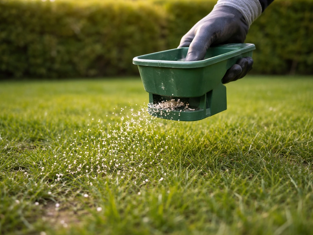 Épandage régulier d’engrais granulaire sur une pelouse verte qui redémarre au printemps