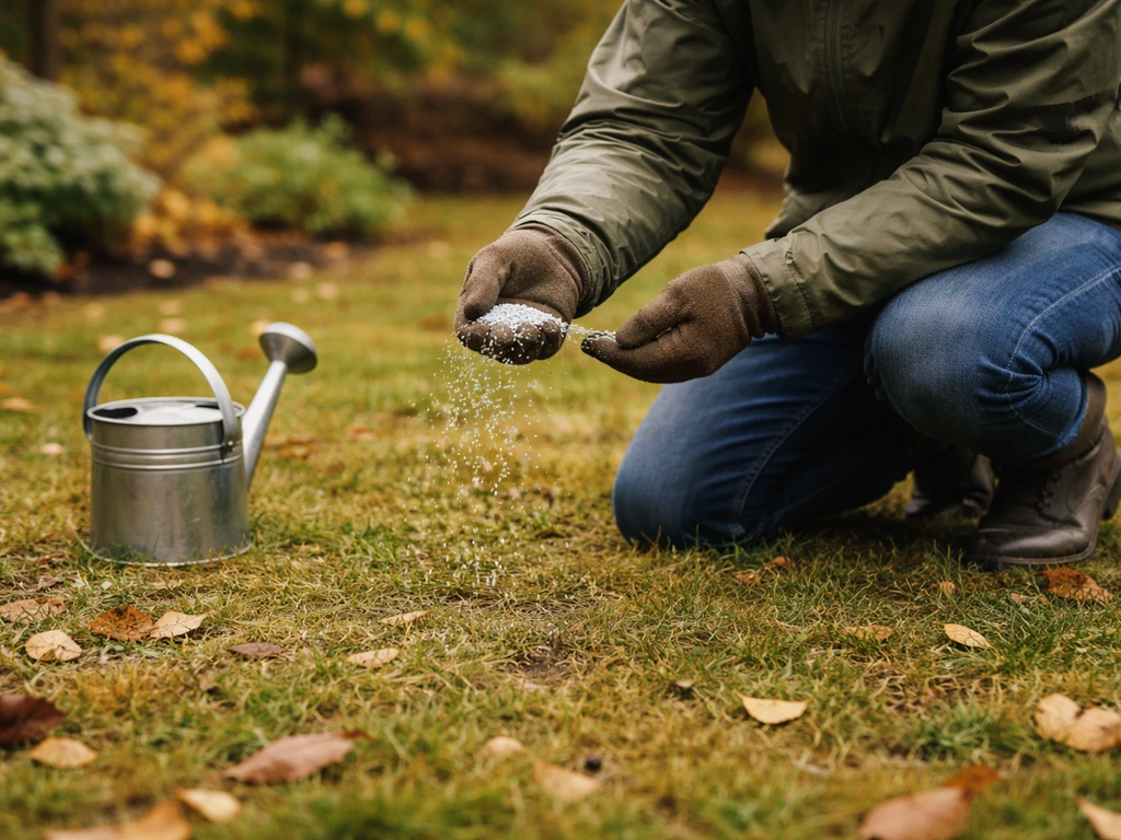 Personne anonyme épandant des granulés sur une pelouse d’automne, après la pluie, avec arrosoir à côté.