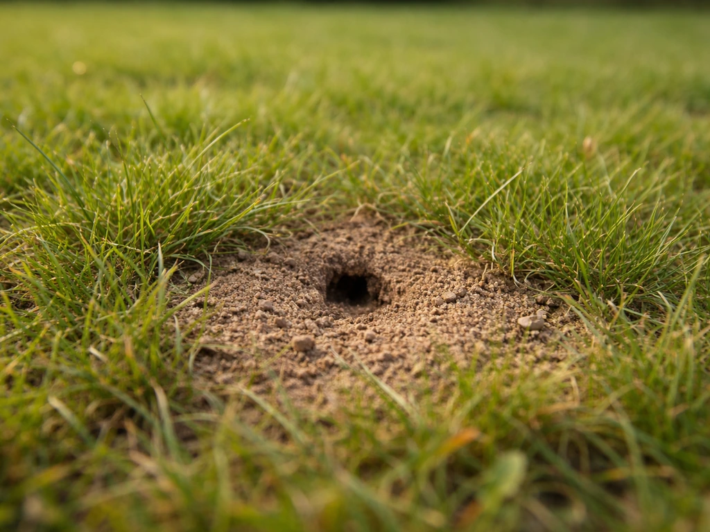 Petit nid d’abeilles terricoles dans une pelouse, petite zone de sol remuée avec une entrée visible.