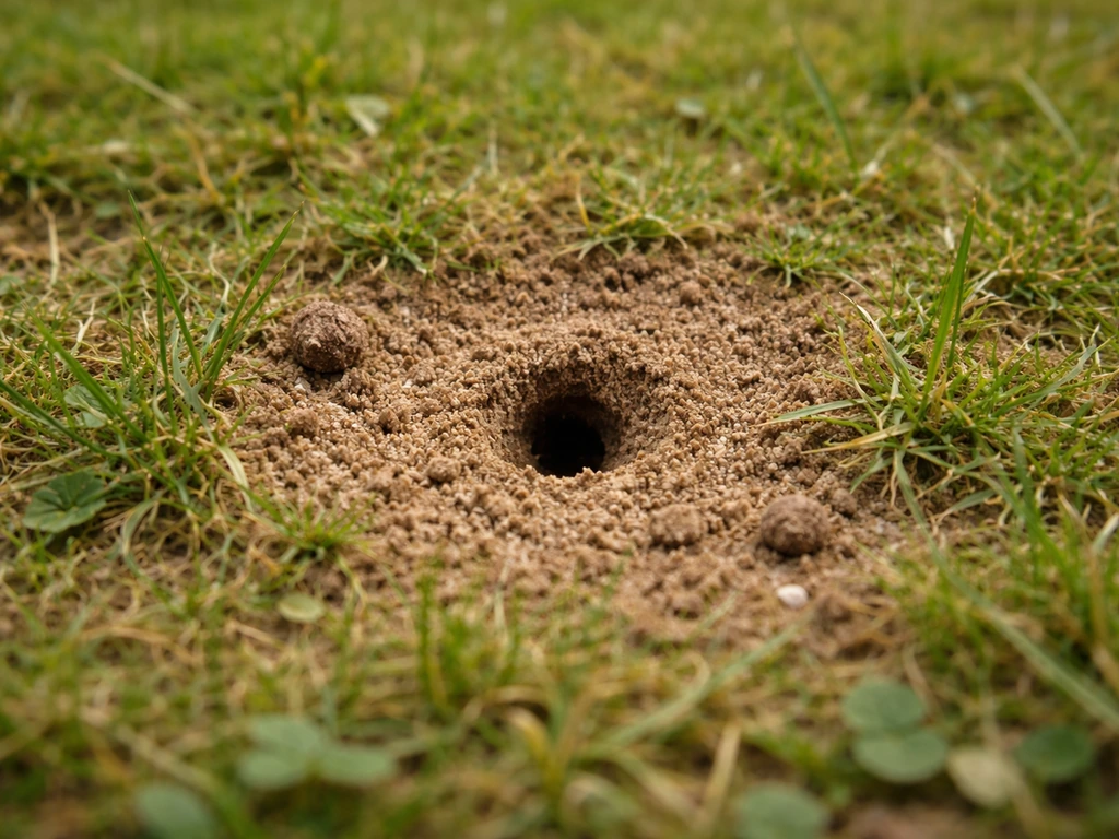 Gros plan sur une petite cavité dans la pelouse avec terre remuée, indice d’un nid d’abeille au sol.