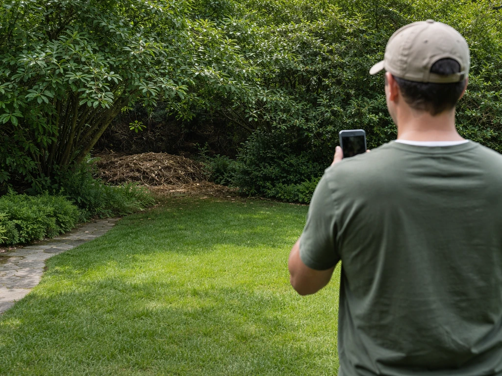 Vue d’un jardin : un adulte observe à distance une zone de nid, posture prudente, sans danger apparent.