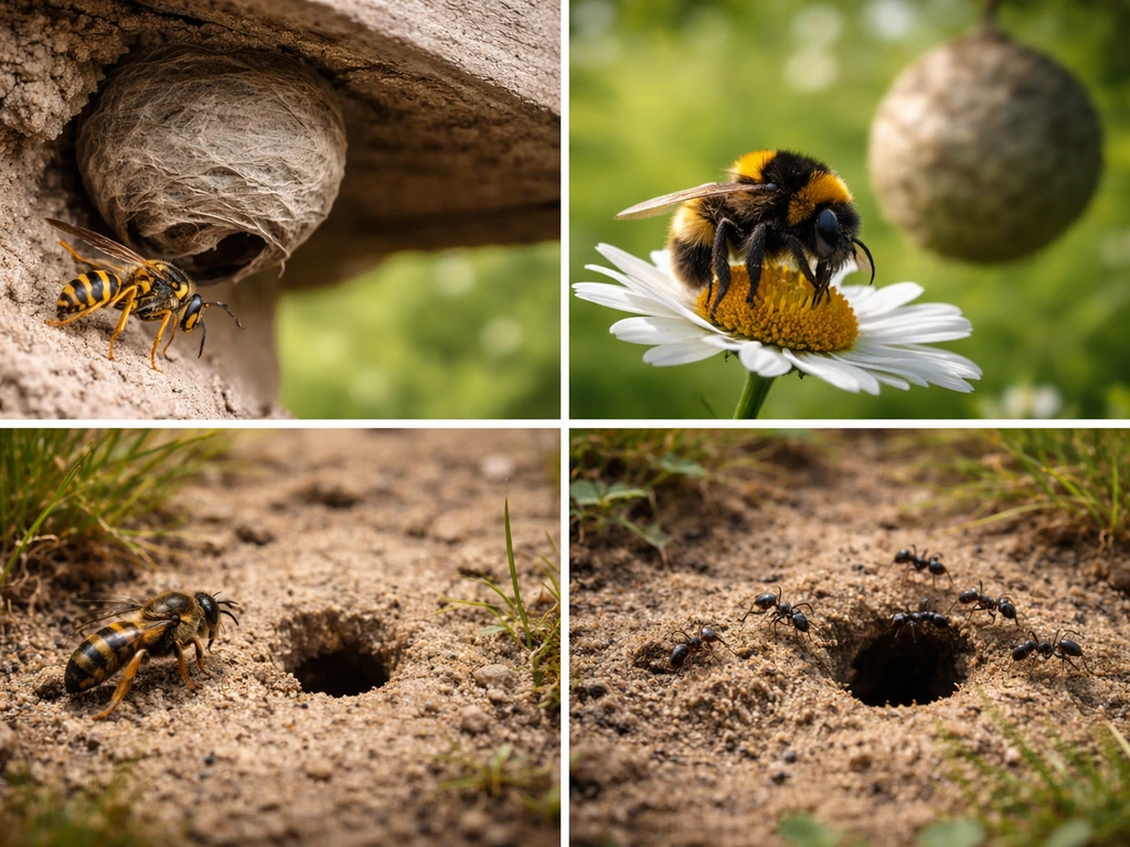 Planche photo minimaliste montrant guêpe, bourdon, abeille sauvage au sol et fourmis, avec types de nid visibles.