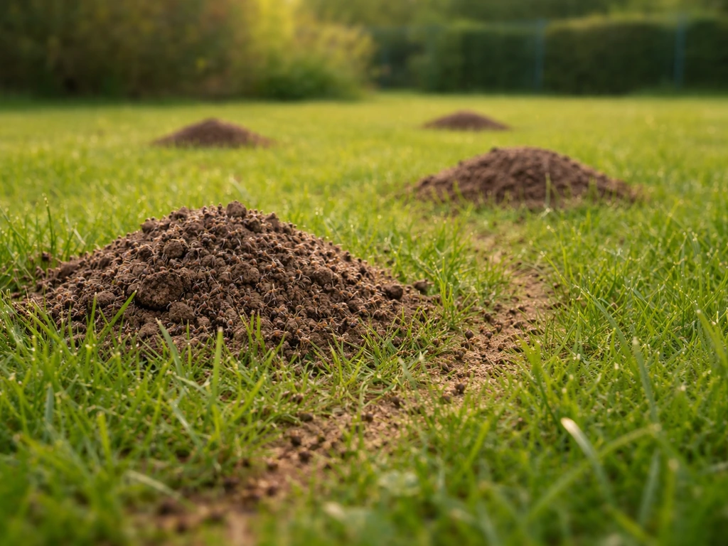 Pelouse de jardin avec plusieurs monticules de terre et de petites fourmis, évoquant une invasion dans le gazon.
